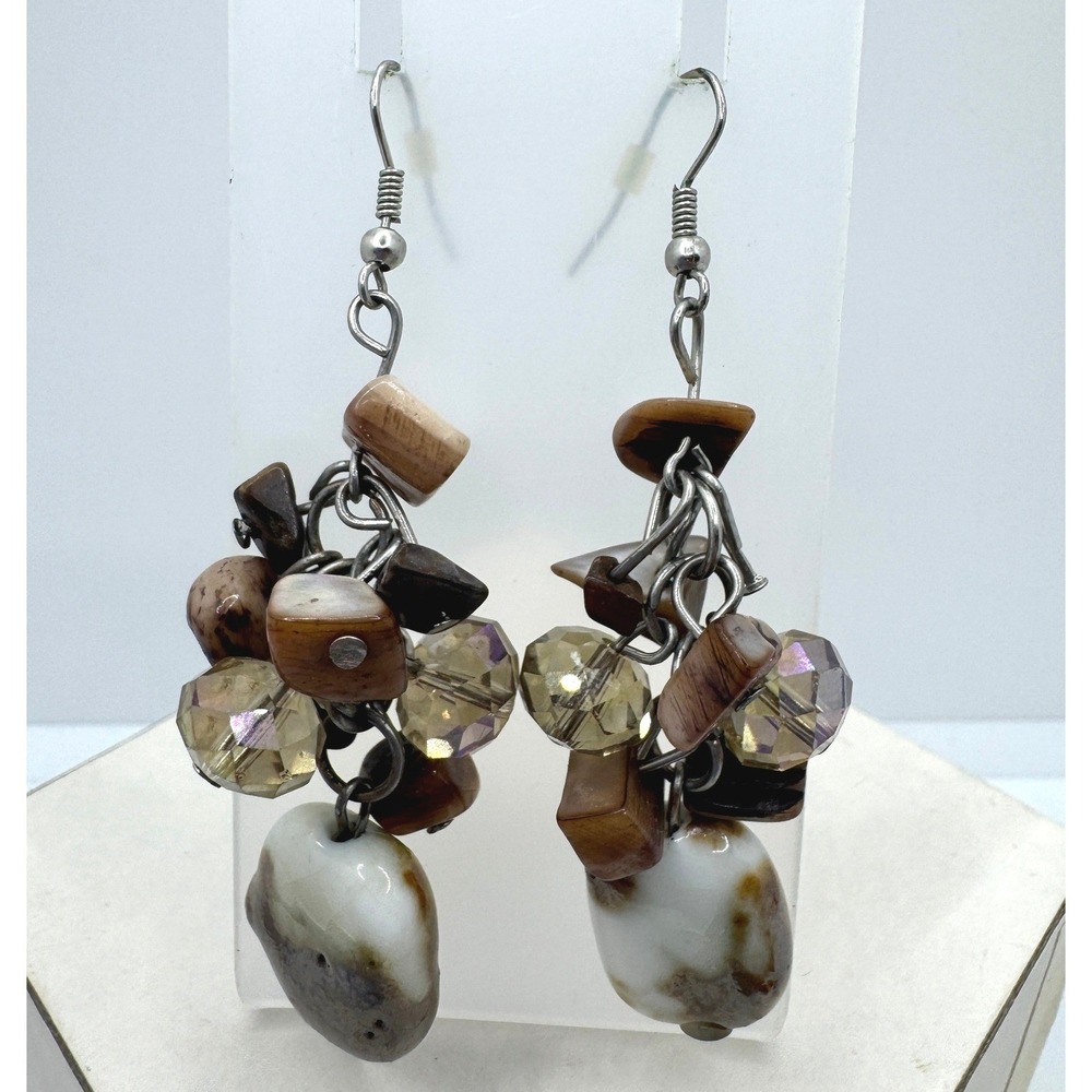 Bohemian Brown Stone and Amber Glass Cluster Dangle Earrings French Wire